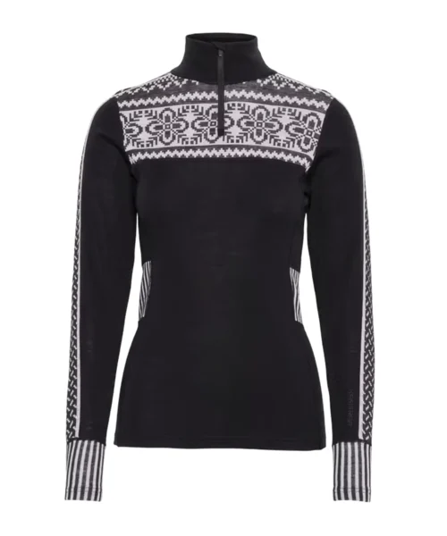 Kari Traa Ines Half Zip -merinovillainen kerrastopaita korkealla kauluksella ja pohjoismaisella neulekuviolla black edestä