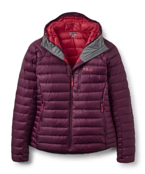 Rab Women's Microlight Alpine Down Hoody -naisten untuvatakki hupulla mulberry, edestä